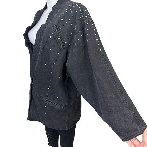 TRASH CLOTHING Vintage 90s Black Acid Washed‎ Studded & Beaded Denim Jacket sz L - Picture 5 of 9